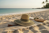 Ghanaian Straw Hats With Wide Brim Band & Leather -  Black Stripes. Size:22-25" Cap.