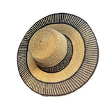 Ghanaian Straw Hats With Wide Brim Band & Leather -  Black Stripes. Size:22-25" Cap.