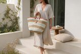 Mifuko Kiondo Kenya Beach Bag, Shopping Bag, Picnic Bag, Storage, Floor Basket, Home Decor - Tan Stripes with a Buckle