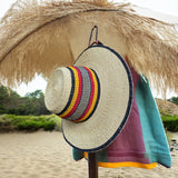 Ghanaian Straw Hats With Wide Brim Band & Leather -  Mustard Stripes. Size:22-25" Cap.