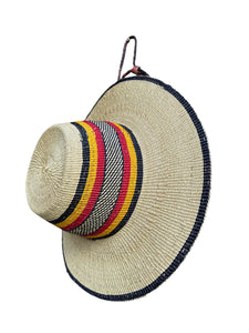 Ghanaian Straw Hats With Wide Brim Band & Leather -  Mustard Stripes. Size:22-25" Cap.