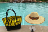 Ghanaian Straw Hats With Wide Brim Band & Leather -  Yellow Stripe