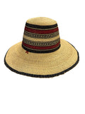 Ghanaian Straw Hats With Wide Brim Band & Leather -  Red. Size:22-25" Cap.