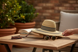 Ghanaian Straw Hats With Wide Brim Band & Leather -  Black Stripes. Size:22-25" Cap.