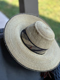 Ghanaian Straw Hats With Wide Brim Band & Leather Strap- Round Tan & Black