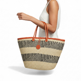 Mifuko Kiondo Kenya Beach Bag, Shopping Bag, Picnic Bag, Storage, Floor Basket, Home Decor - Black Double Lines with a Buckle