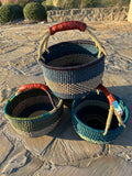 Round Bolga Market Basket w/ Leather Wrapped Handle