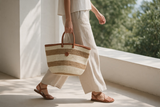 Mifuko Kiondo Kenya Beach Bag, Shopping Bag, Picnic Bag, Storage, Floor Basket, Home Decor - Tan Stripes with a Buckle