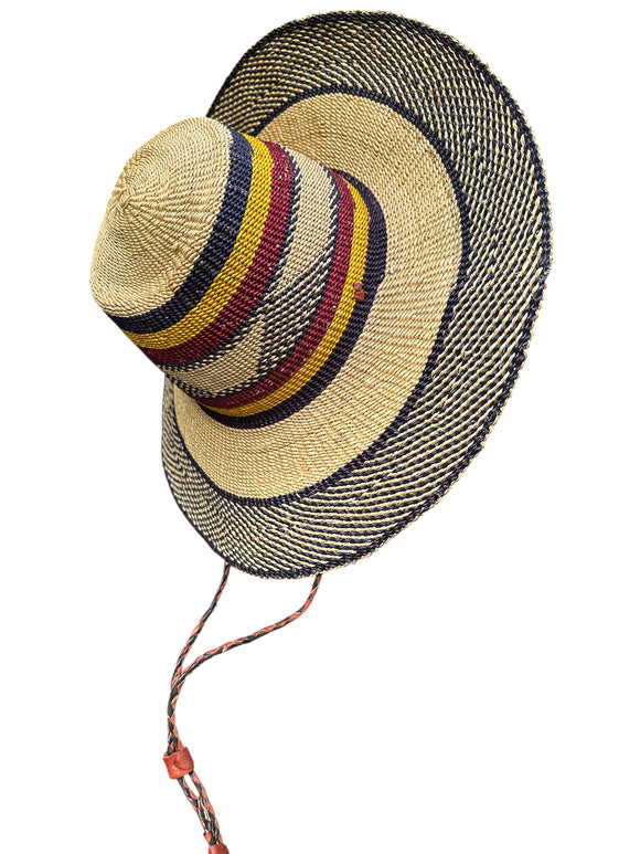 Ghanaian Straw Hats With Wide Brim Band & Leather -  Mustard Stripes. Size:22-25