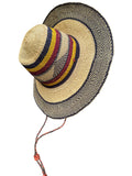 Ghanaian Straw Hats With Wide Brim Band & Leather -  Mustard Stripes. Size:22-25" Cap.