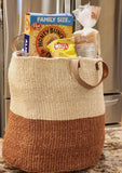 White & Dark Brown Mifuko Kiondo Kenya Bag Beach Bag, Shopping market Basket, picnic basket, Home Decor Diameter: 17" x Height: 17" With Straps: 23"