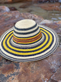 Ghanaian Straw Hats With Wide Brim Band & Leather -  Mustard Stripes