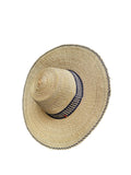 Ghanaian Straw Hats With Wide Brim Band & Leather -  Black Stripes. Size:22-25" Cap.