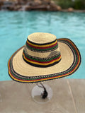 Ghanaian Straw Hats With Wide Brim Band & Leather - Flag With Green