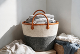 White Mifuko Kiondo Kenya Bag two tone color white and grey with Premium brown Leather Rim and straps