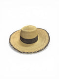 Ghanaian Straw Hats With Wide Brim Band & Leather -  Navy Blue Stripe