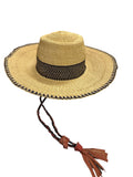 Ghanaian Straw Hats With Wide Brim Band & Leather -  Navy Blue Stripe