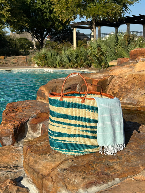 Mifuko Kiondo Kenya Bag - Turquoise Stripes With White