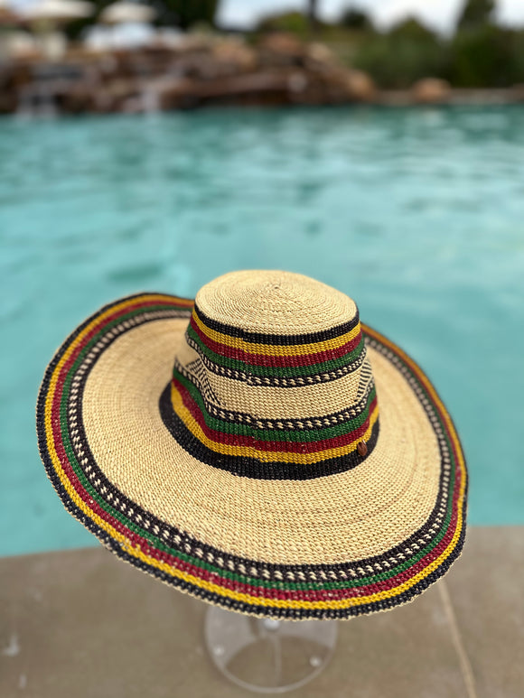 Ghanaian Straw Hats With Wide Brim Band & Leather - Flag With Green