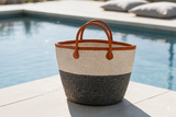 White Mifuko Kiondo Kenya Bag two tone color white and grey with Premium brown Leather Rim and straps