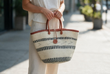 Mifuko Kiondo Kenya Beach Bag, Shopping Bag, Picnic Bag, Storage, Floor Basket, Home Decor - Black Lines with a Buckle