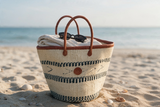 Mifuko Kiondo Kenya Beach Bag, Shopping Bag, Picnic Bag, Storage, Floor Basket, Home Decor - Black Lines with a Buckle
