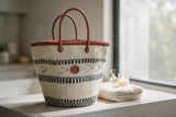 Mifuko Kiondo Kenya Beach Bag, Shopping Bag, Picnic Bag, Storage, Floor Basket, Home Decor - Black Lines with a Buckle