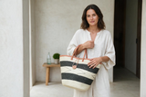 Mifuko Kiondo Kenya Beach Bag, Shopping Bag, Picnic Bag, Storage, Floor Basket, Home Decor - Black Stripes with a Buckle
