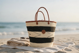 Mifuko Kiondo Kenya Beach Bag, Shopping Bag, Picnic Bag, Storage, Floor Basket, Home Decor - Black Stripes with a Buckle