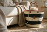 Mifuko Kiondo Kenya Beach Bag, Shopping Bag, Picnic Bag, Storage, Floor Basket, Home Decor - Black Stripes with a Buckle