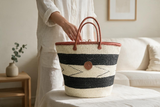 Mifuko Kiondo Kenya Beach Bag, Shopping Bag, Picnic Bag, Storage, Floor Basket, Home Decor - Black Stripes with a Buckle