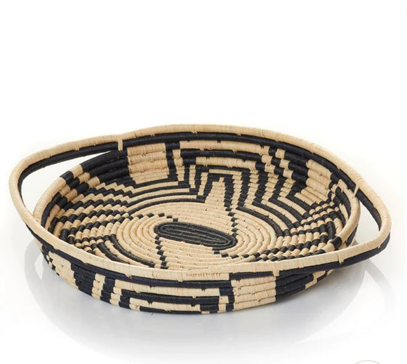 African Basket  Rwanda Woven Serving Tray Tan & Black Zig Zag