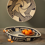 African Basket  Rwanda Woven Serving Tray Tan & Black Zig Zag