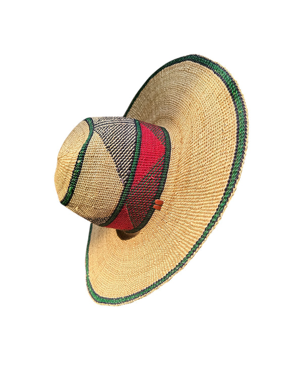Ghanaian Straw Hats With Wide Brim Band & Leather -  Green and Tan. Size:22-25