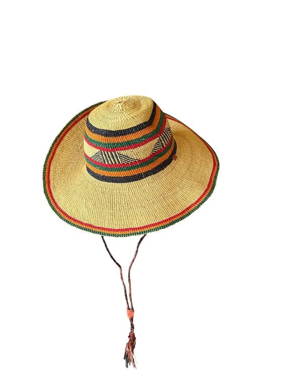 Ghanaian Straw Hats With Wide Brim Colorful Band & Leather Strap- Red & Black. Size:22-25