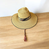 Ghanaian Straw Hats With Wide Brim Band & Leather -  Navy Blue Stripe