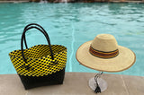 Ghanaian Straw Hats With Wide Brim Band & Leather -  Yellow Stripe