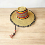 Ghanaian Straw Hats With Wide Brim Band & Leather -  Red, Yellow & Black Ring