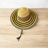 Ghanaian Straw Hats With Wide Brim Band & Leather -  Mustard Stripes