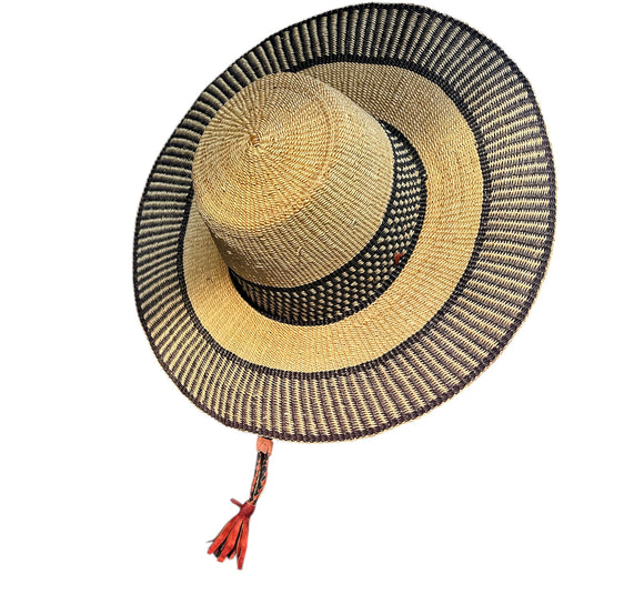 Ghanaian Straw Hats With Wide Brim Band & Leather -  Black Stripes. Size:22-25