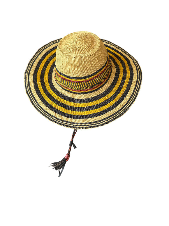 Ghanaian Straw Hats With Wide Brim Band & Leather -  Mustard Stripes