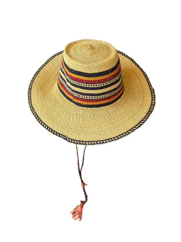 Ghanaian Straw Hats With Wide Brim Band & Leather -  Flag