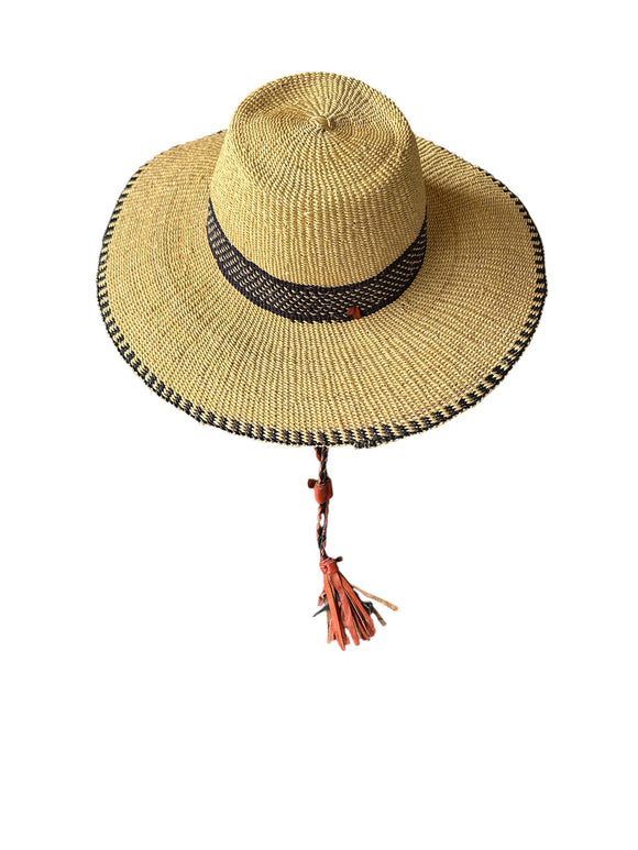 Ghanaian Straw Hats With Wide Brim Band & Leather -  Navy Blue