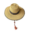 Ghanaian Straw Hats With Wide Brim Band & Leather -  Navy Blue