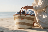 Mifuko Kiondo Kenya Beach Bag, Shopping Bag, Picnic Bag, Storage, Floor Basket, Home Decor - Tan Stripes with a Buckle