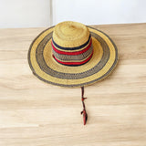 Ghanaian Straw Hats With Wide Brim Band & Leather -  Red. Size:22-25" Cap.