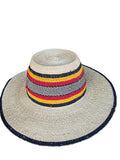 Ghanaian Straw Hats With Wide Brim Band & Leather -  Mustard Stripes. Size:22-25" Cap.