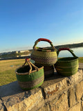 Round Bolga Market Basket w/ Leather Wrapped Handle - Green Assorted 1 EA