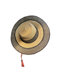 Ghanaian Straw Hats With Wide Brim Band & Leather -  Black Stripes. Size:22-25" Cap.