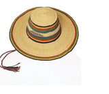 Ghanaian Straw Hats With Wide Brim Colorful Band & Leather Strap- Red & Black